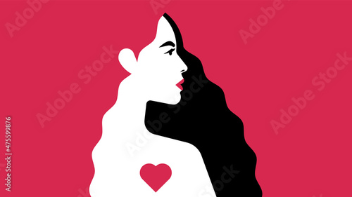 Beautiful woman with love in her heart. Silhouette of a woman with a heart in her chest. Symbol of love, emotions, feelings. Modern vector illustration for banner, article, Valentine's day card.