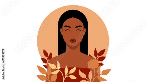 Bright woman portrait. Beautiful brunette with tanned skin. Tropical leaves, floral element on background. Female face and shoulder. Female avatar.