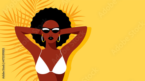 Beautiful woman in the bikini and sunglasses. Sexy model posing with hands raised. Slim body. Concept of summertime,  sunbathing, relaxing on the beach. Modern illustration.