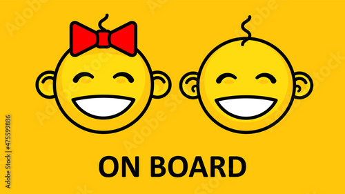 Baby on board. Sign with baby faces with in yellow triangle. Car sticker with warning. Vector illustration.