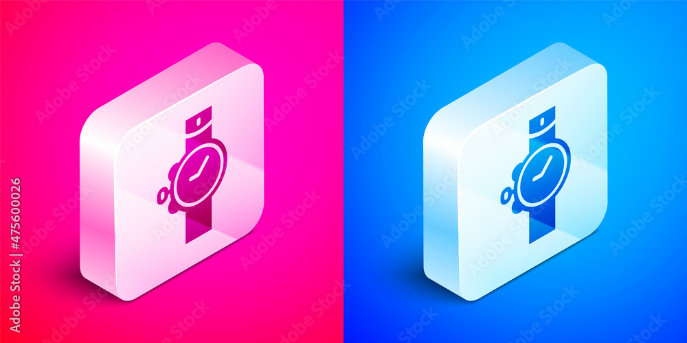 Isometric Wrist watch icon isolated on pink and blue background. Wristwatch icon. Silver square button. Vector Isometric Wrist watch icon isolated on pink and blue background. Wristwatch icon. Silver square button. Vector