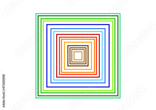 Grafika przedstawiająca kwadraty o zmniejszających się wymiarach, nie posiadających wypełnienia, krawędzie mają różne kolory.