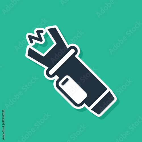 Blue Police electric shocker icon isolated on green background. Shocker for protection. Taser is an electric weapon. Vector