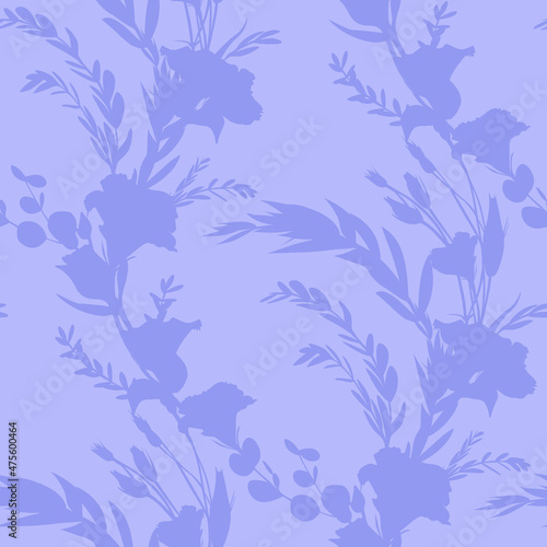 Botanical pattern with silhouettes of eustoma flowers on a light purple background. Seamless print for women summer dresses textile and surface design