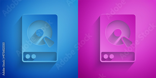 Paper cut Hard disk drive HDD icon isolated on blue and purple background. Paper art style. Vector