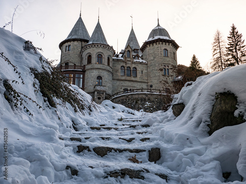 The savoy castle of Gressoney in a winter evening photo