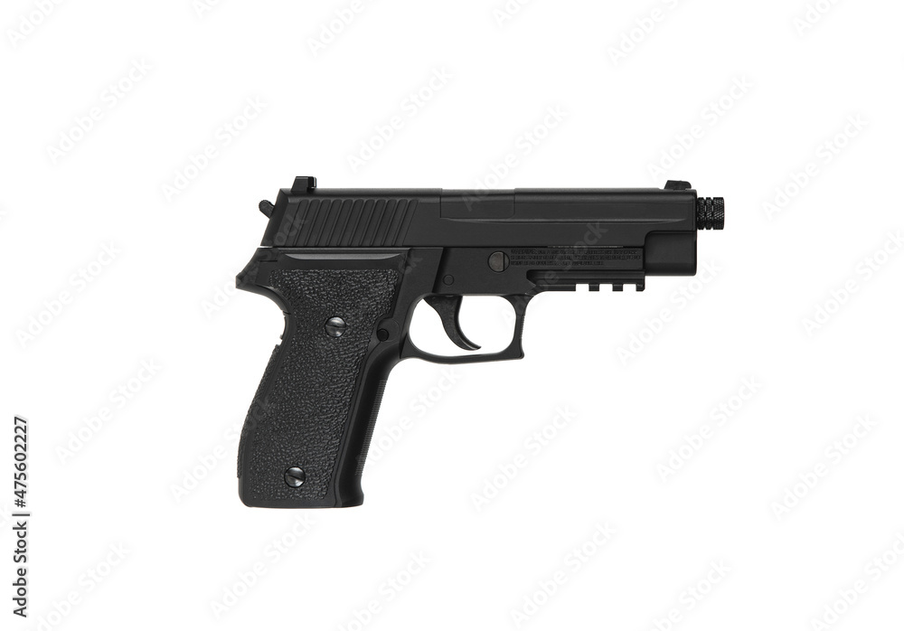 Air gun. Modern pneumatic weapon for air soft, sports and entertainment. A dummy, a copy of a real pistol. Isolate on a white back Air gun. Modern pneumatic weapon for air soft, sports and entertainment. A dummy, a copy of a real pistol. Isolate on a white back