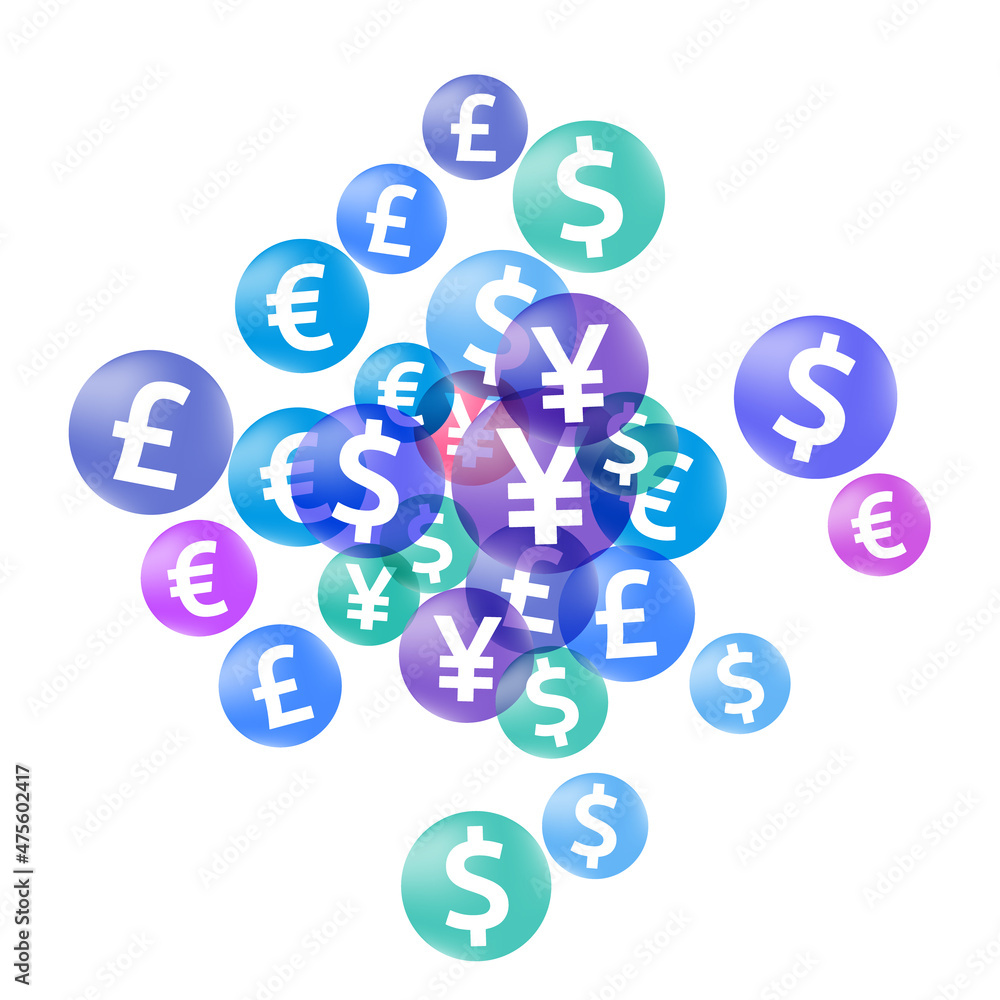 Euro dollar pound yen circle signs scatter currency vector illustration. Trading backdrop. Currency Euro dollar pound yen circle signs scatter currency vector illustration. Trading backdrop. Currency
