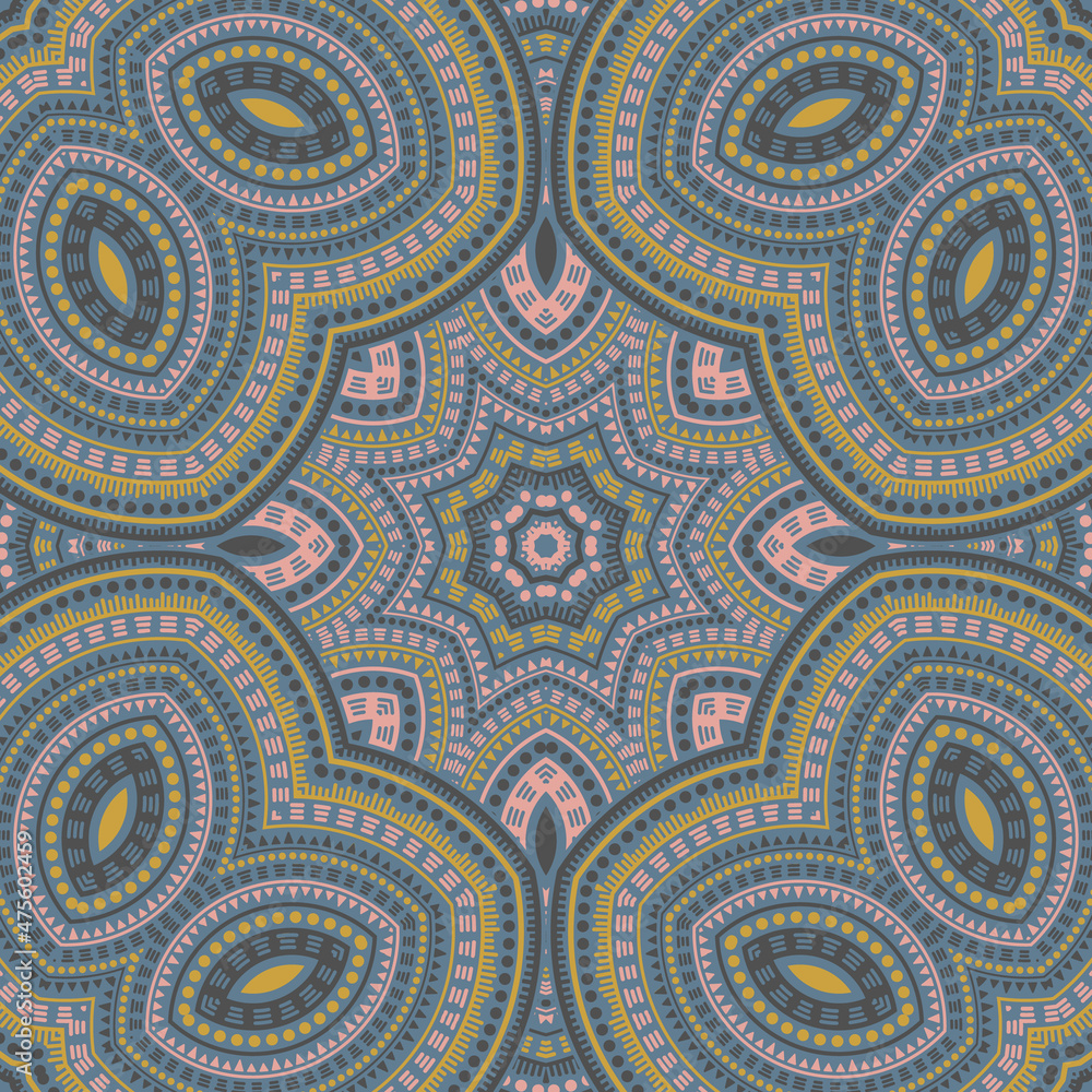 Arabian traditional geometric vector seamless motif. Wallpaper patchwork design. Decorative dutch pattern. Interior print design. Circles and lines composition.