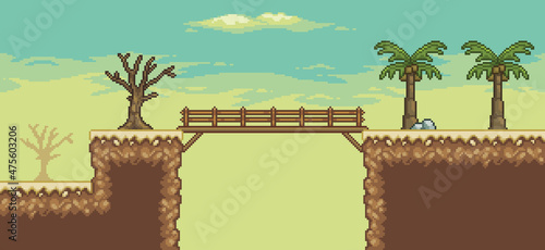 Pixel art desert game scene with palm tree, cactuses, bridge, tree 8bit background