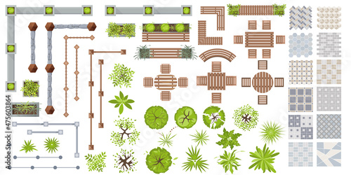 Architectural elements for landscape design top view. Outdoor furniture, fence, trees and tile path. Set of benches, plants in pots and tile for landscape design. Set for projects. Vector flat
