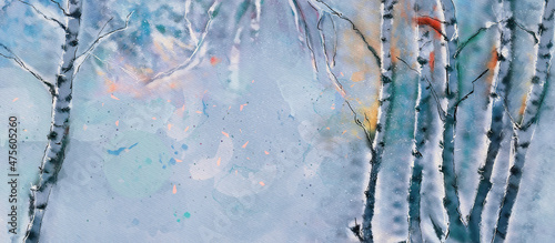 Winter, birch trees. Watercolor background.