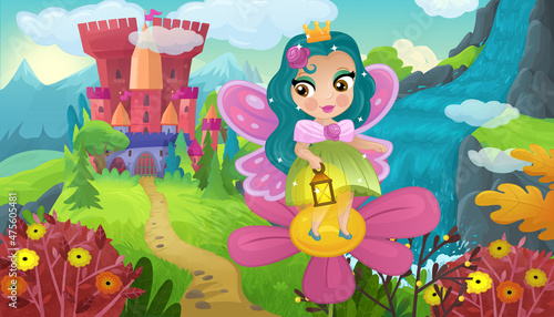 cartoon scene with nature forest princess and castle