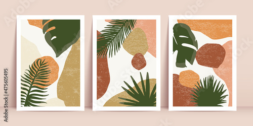 Botanical wall art vector set. Boho foliage line art drawing with abstract shapes. Abstract Plant Art design for print, cover, wallpaper, Minimal and natural wall art.