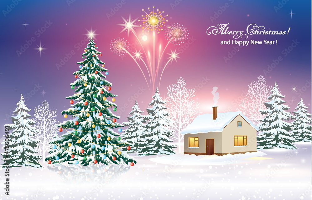 Happy New Year 2022. Holiday Christmas tree on a winter snowy landscape with fireworks. Vector illustration