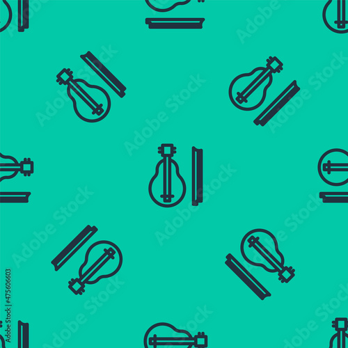 Blue line Violin icon isolated seamless pattern on green background. Musical instrument. Vector