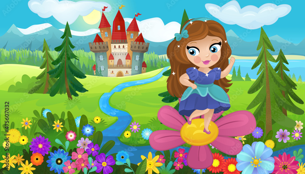 Naklejka premium cartoon scene with nature forest princess and castle
