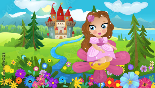 Fototapeta Naklejka Na Ścianę i Meble -  cartoon scene with nature forest princess and castle