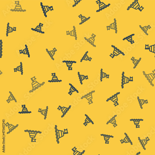 Blue line Floating buoy on the sea icon isolated seamless pattern on yellow background. Vector