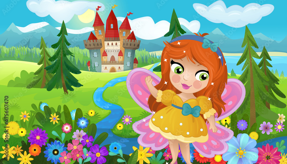 Fototapeta premium cartoon scene with nature forest princess and castle