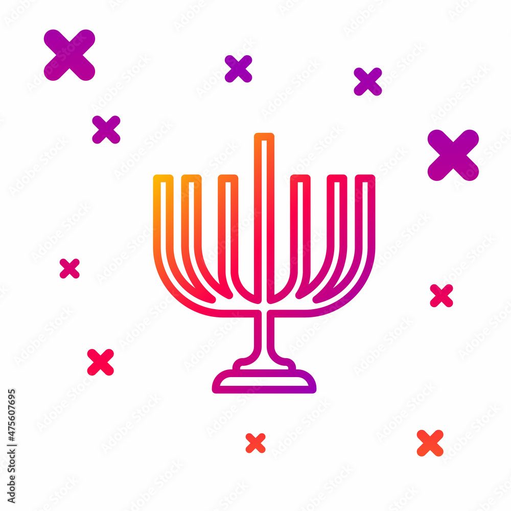 Color line Hanukkah menorah icon isolated on white background. Hanukkah traditional symbol. Holiday religion, jewish festival of Lights. Gradient random dynamic shapes. Vector