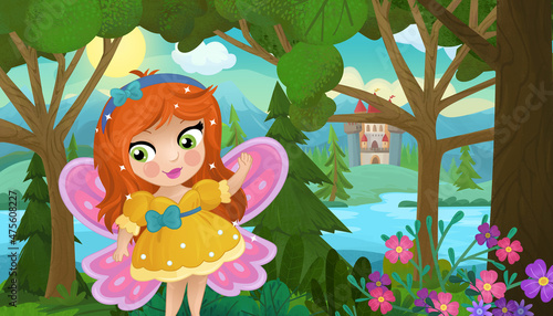 cartoon scene with nature forest princess and castle