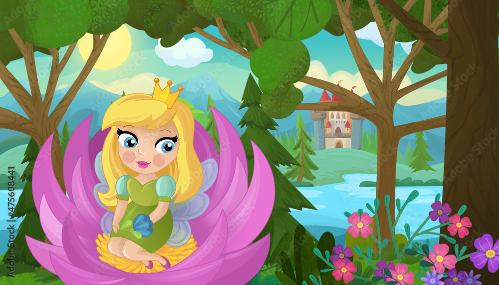 cartoon scene with nature forest princess and castle cartoon scene with nature forest princess and castle