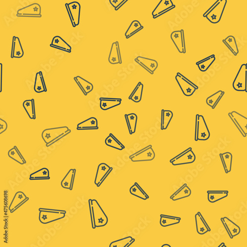 Blue line Military beret icon isolated seamless pattern on yellow background. Soldiers cap. Army hat. War baret. Vector