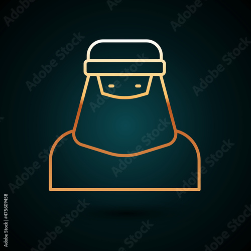 Gold line Muslim woman in niqab icon isolated on dark blue background. Vector