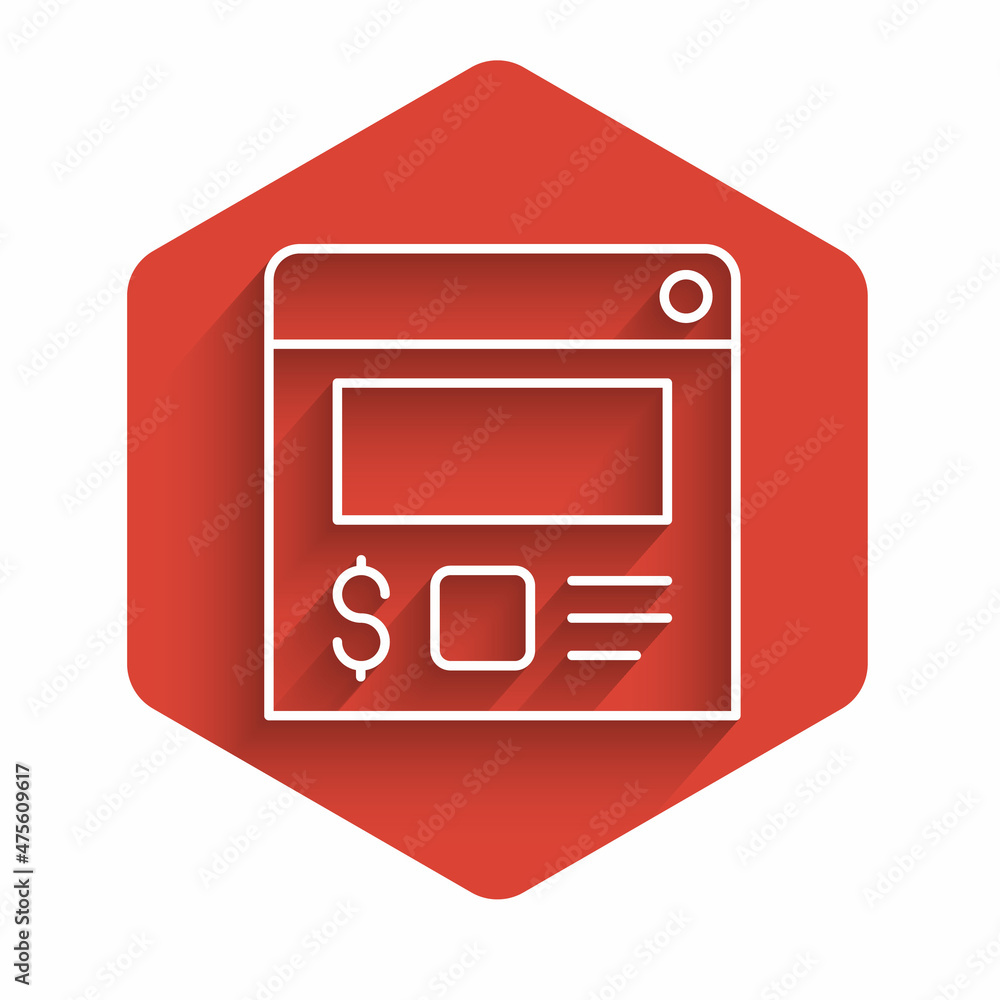 White line Online ordering and food delivery icon isolated with long shadow background. Red hexagon button. Vector White line Online ordering and food delivery icon isolated with long shadow background. Red hexagon button. Vector