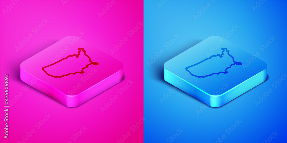 Isometric line USA map icon isolated on pink and blue background. Map of the United States of America. Square button. Vector Isometric line USA map icon isolated on pink and blue background. Map of the United States of America. Square button. Vector