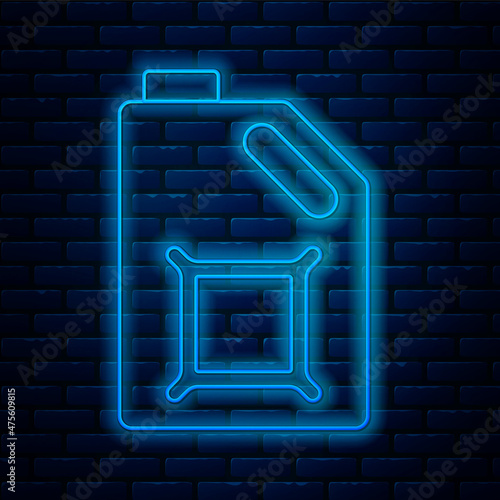 Glowing neon line Canister for motor machine oil icon isolated on brick wall background. Oil gallon. Oil change service and repair. Engine oil sign. Vector