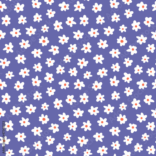 Very peri ditsy daisy seamless repeat pattern. Random placed, vector millefleurs all over surface print background.