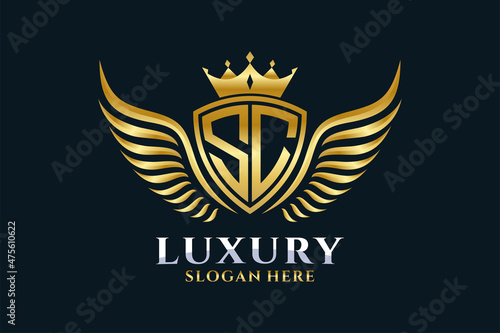 Luxury royal wing Letter SC crest Gold color Logo vector, Victory logo, crest logo, wing logo, vector logo template.