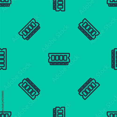 Blue line RAM, random access memory icon isolated seamless pattern on green background. Vector