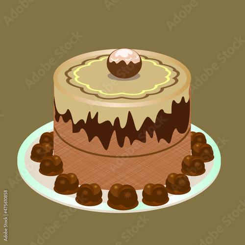 Kuchen, Torte mit Pralinen auf  dem Teller