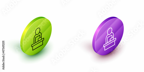 Isometric line Breaking news icon isolated on white background. News on television. News anchor broadcasting. Mass media. Evening news. Green and purple circle buttons. Vector