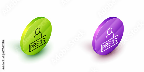Isometric line Journalist news reporter icon isolated on white background. Green and purple circle buttons. Vector