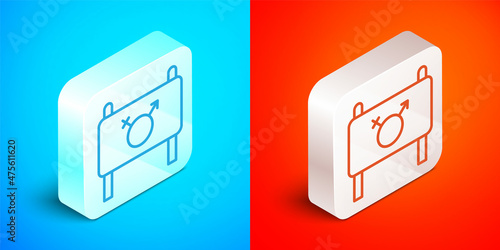 Isometric line Female movement, feminist activist with banner and placards icon isolated on blue and red background. Feminist rights movement, feminism sisterhood. Silver square button. Vector