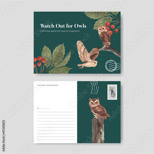 Postcard template with owl bird concept,watercolor style photo