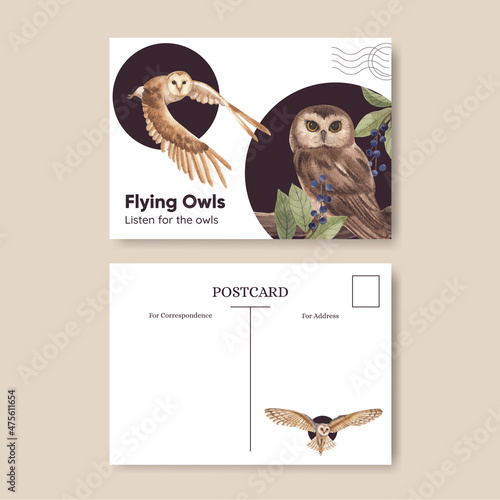 Postcard template with owl bird concept,watercolor style photo