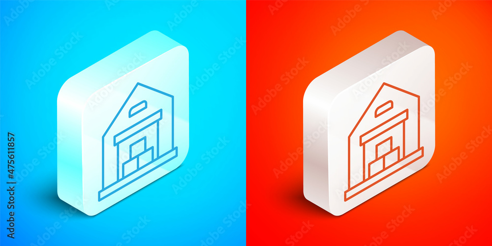 Isometric line Warehouse icon isolated on blue and red background. Silver square button. Vector Isometric line Warehouse icon isolated on blue and red background. Silver square button. Vector