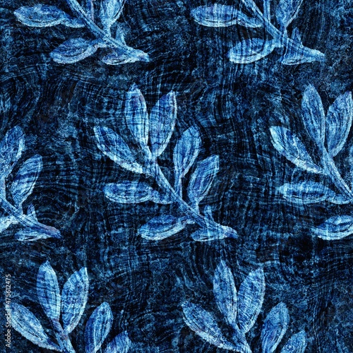 Seamless indigo block print texture on navy blue woven effect background. Japanese style washed denim batik resist pattern. Worn masculine cloth print swatch.