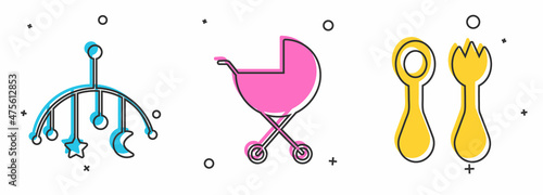 Set Baby crib hanging toys, Baby stroller and Baby cutlery with fork and spoon icon. Vector