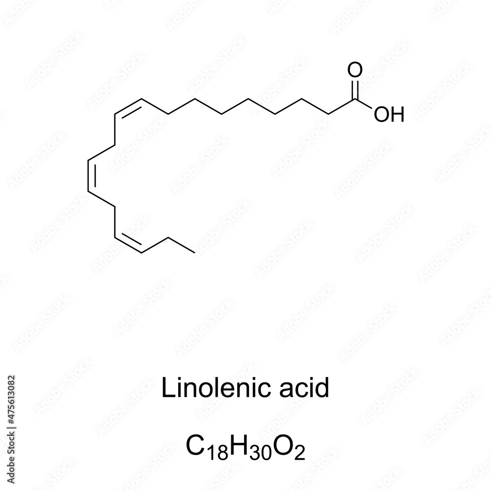 Linolenic acid, chemical formula. alphaLinolenic acid, ALA. Omega3 essential fatty acid. Seed