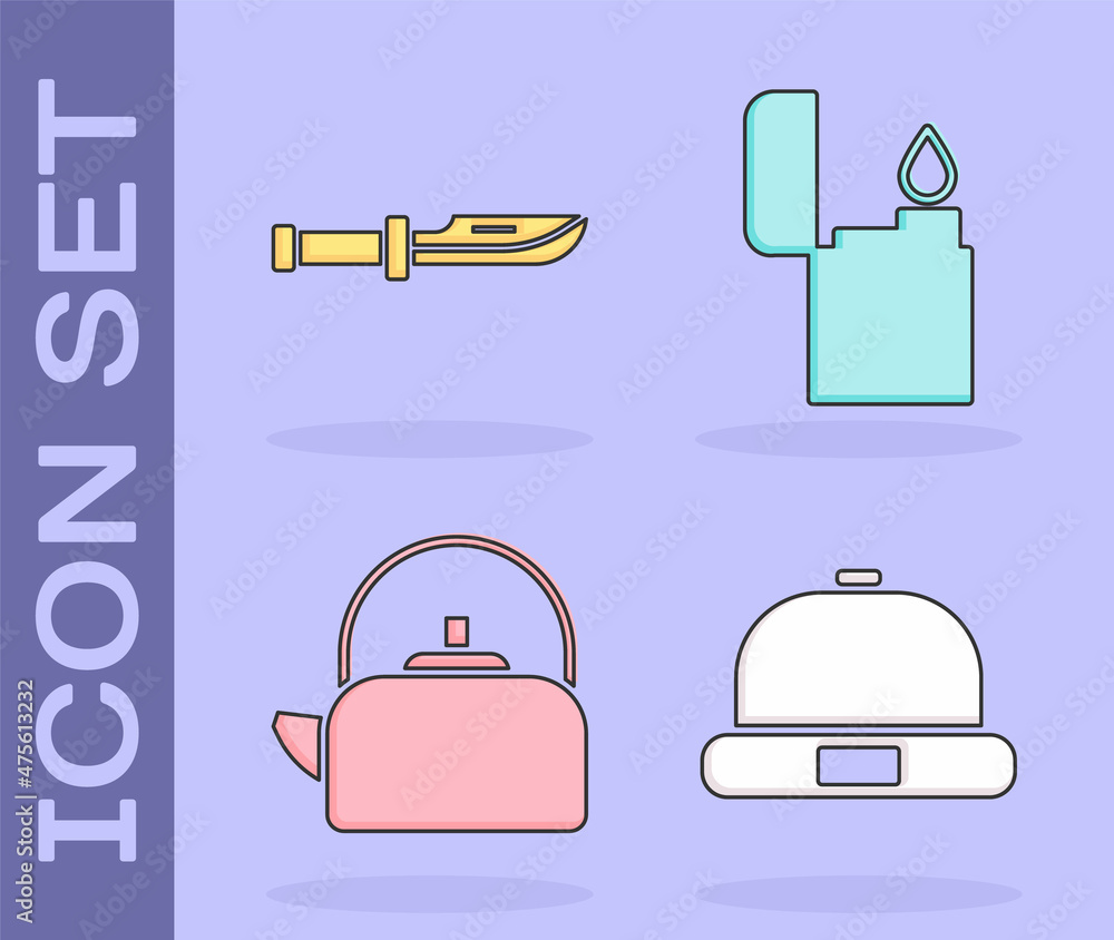 Set Beanie hat, Camping knife, Kettle with handle and Lighter icon. Vector Set Beanie hat, Camping knife, Kettle with handle and Lighter icon. Vector