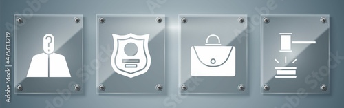 Set Judge gavel, Briefcase, Police badge and Anonymous with question mark. Square glass panels. Vector