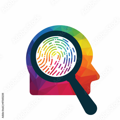 Magnifier Glass In Man Silhouette Mind. Finger print find in man head.