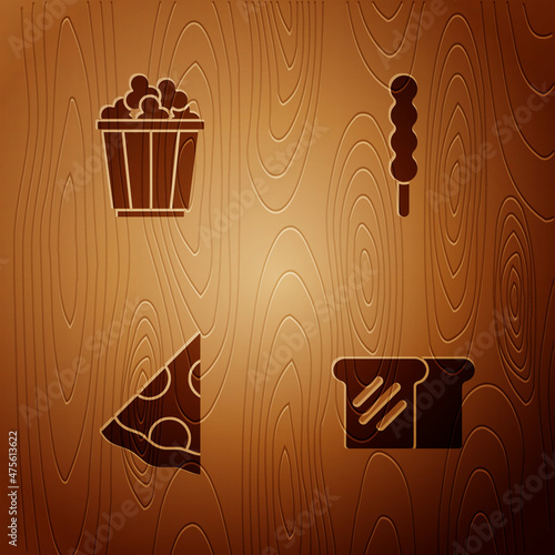 Set Bread toast, Popcorn in box, Slice of pizza and Lollipop on wooden background. Vector
