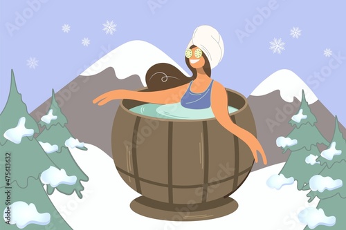 Woman sitting in a hot tub. A girl with a cucumber mask on her face is resting in a sauna against the backdrop of winter nature. Isolated vector flat design. A female character bathes in a barrel. SPA